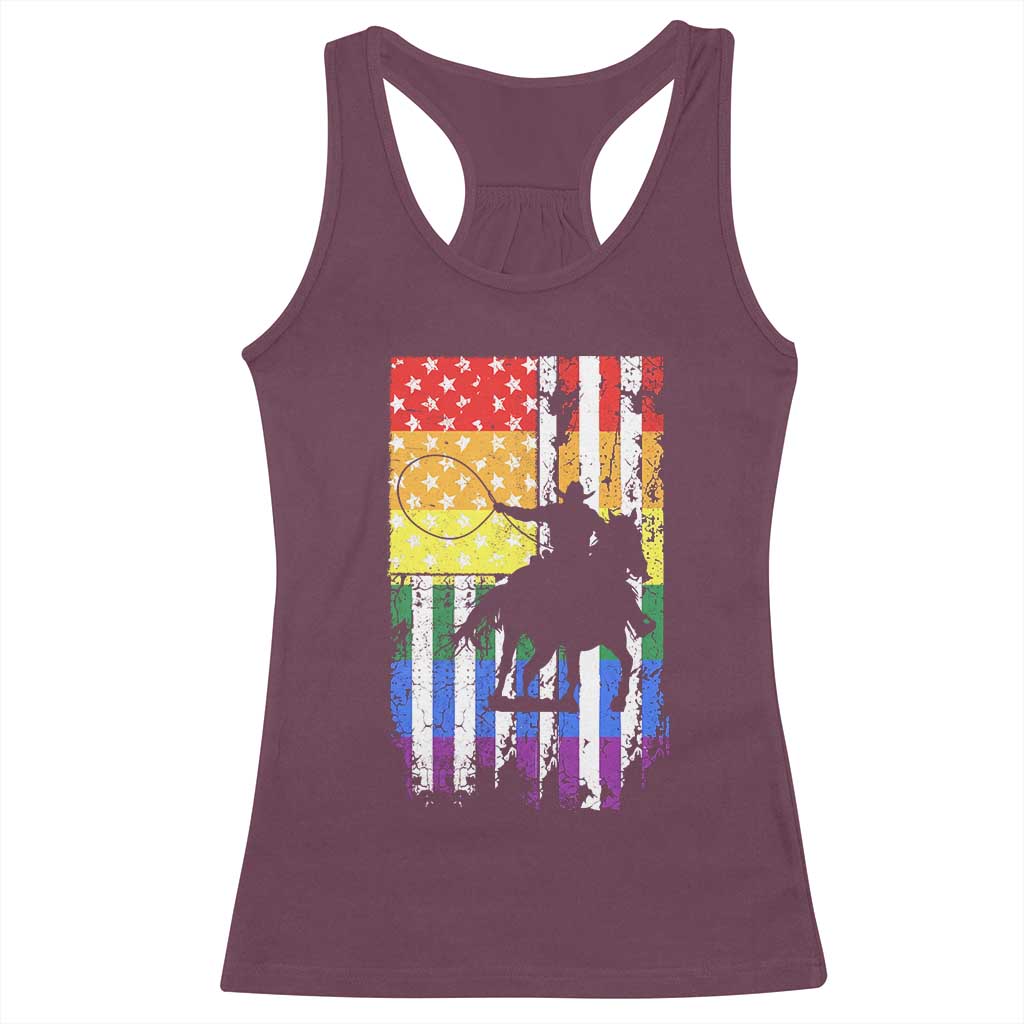 Rodeo Gay Cowboy Western LGBTQ Rainbow Flag Racerback Tank Top