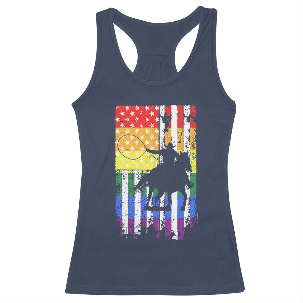 Rodeo Gay Cowboy Western LGBTQ Rainbow Flag Racerback Tank Top