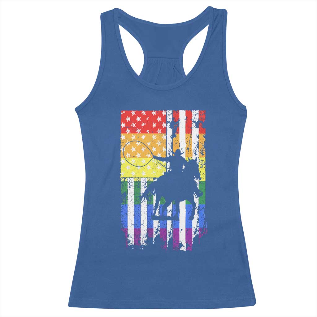 Rodeo Gay Cowboy Western LGBTQ Rainbow Flag Racerback Tank Top