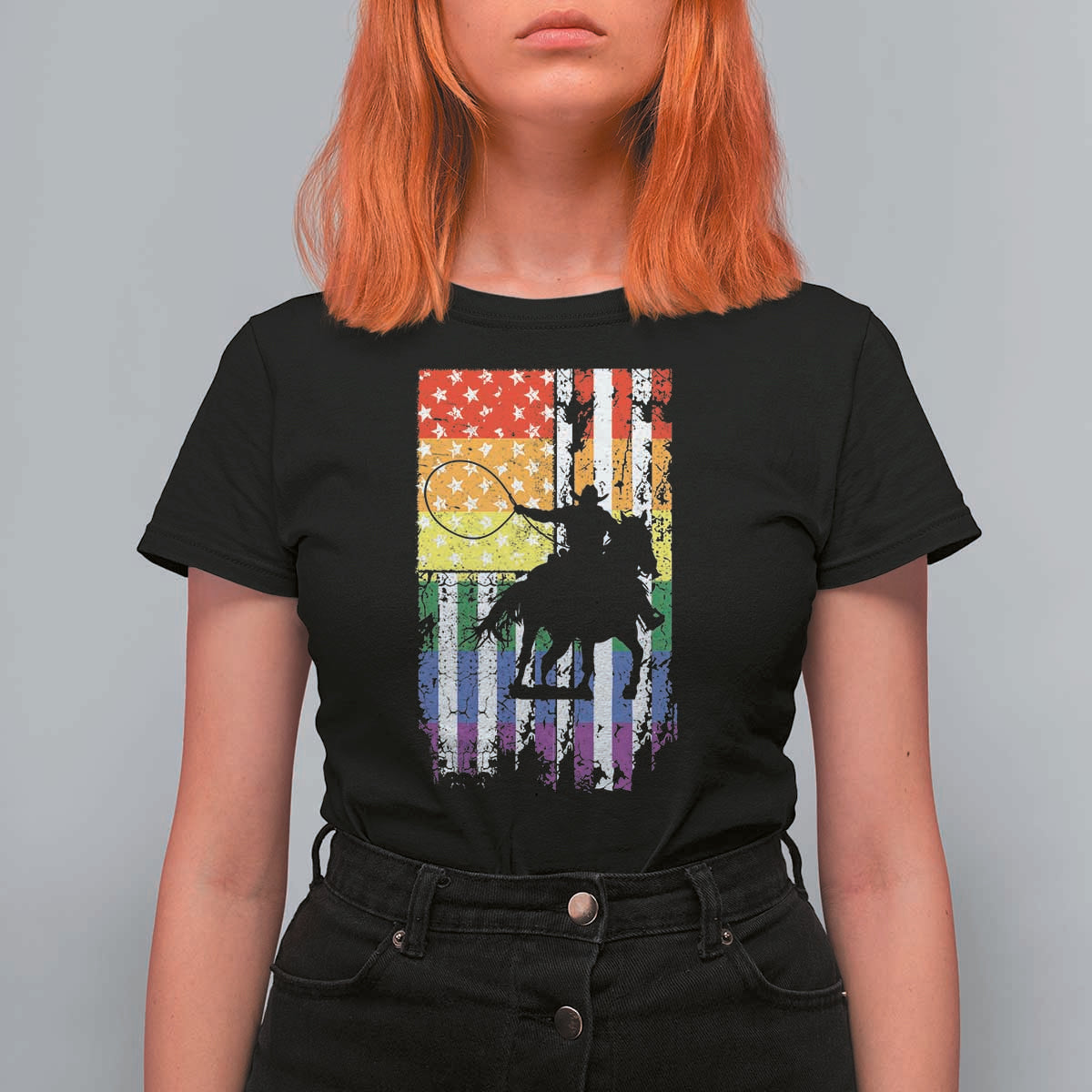 Rodeo Gay Cowboy Western LGBTQ Rainbow Flag T Shirt For Women
