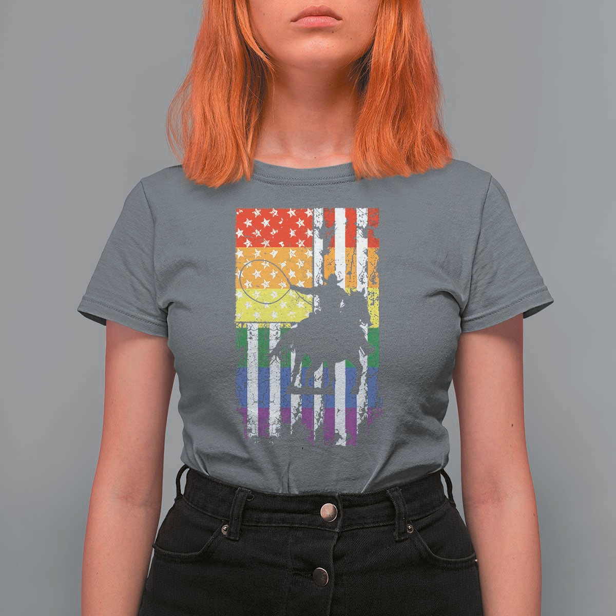 Rodeo Gay Cowboy Western LGBTQ Rainbow Flag T Shirt For Women