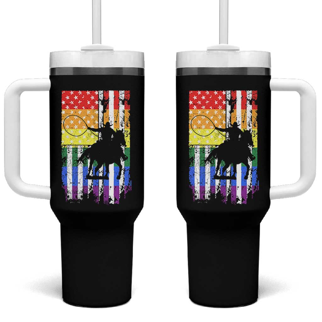 Rodeo Gay Cowboy Western LGBTQ Rainbow Flag Tumbler With Handle