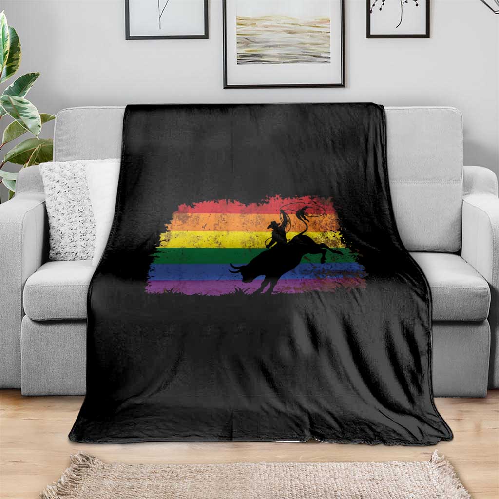 Rodeo Cowboy Bull Rider Western LGBTQ Rainbow Flag Throw Blanket
