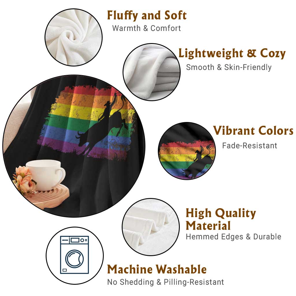 Rodeo Cowboy Bull Rider Western LGBTQ Rainbow Flag Throw Blanket