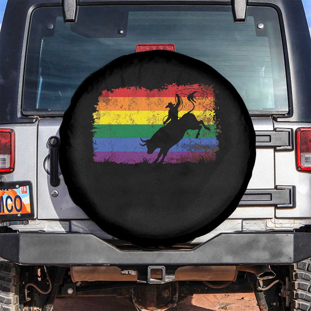 Rodeo Cowboy Bull Rider Western LGBTQ Rainbow Flag Spare Tire Cover