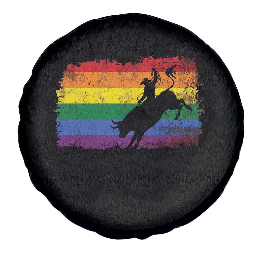 Rodeo Cowboy Bull Rider Western LGBTQ Rainbow Flag Spare Tire Cover