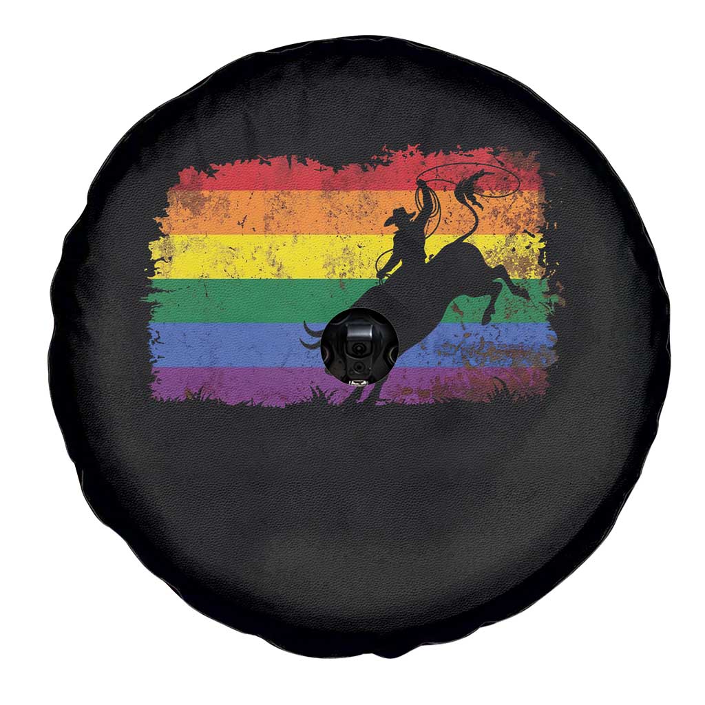 Rodeo Cowboy Bull Rider Western LGBTQ Rainbow Flag Spare Tire Cover