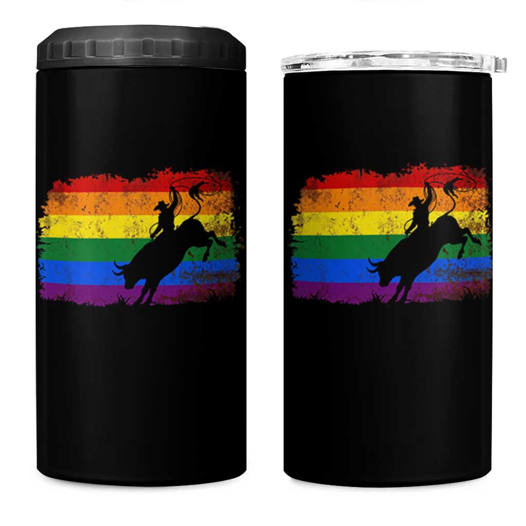 Rodeo Cowboy Bull Rider Western LGBTQ Rainbow Flag 4 in 1 Can Cooler Tumbler