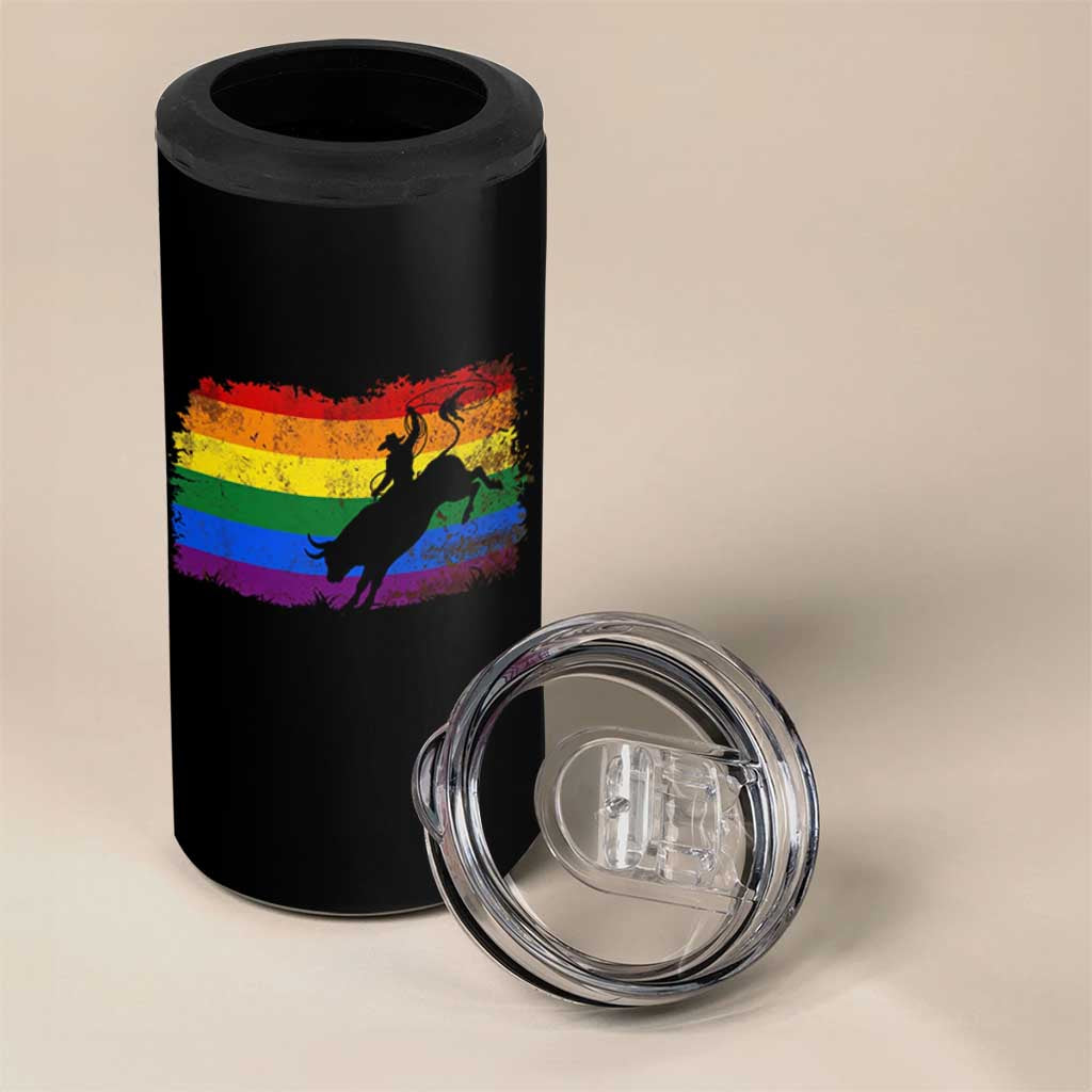 Rodeo Cowboy Bull Rider Western LGBTQ Rainbow Flag 4 in 1 Can Cooler Tumbler