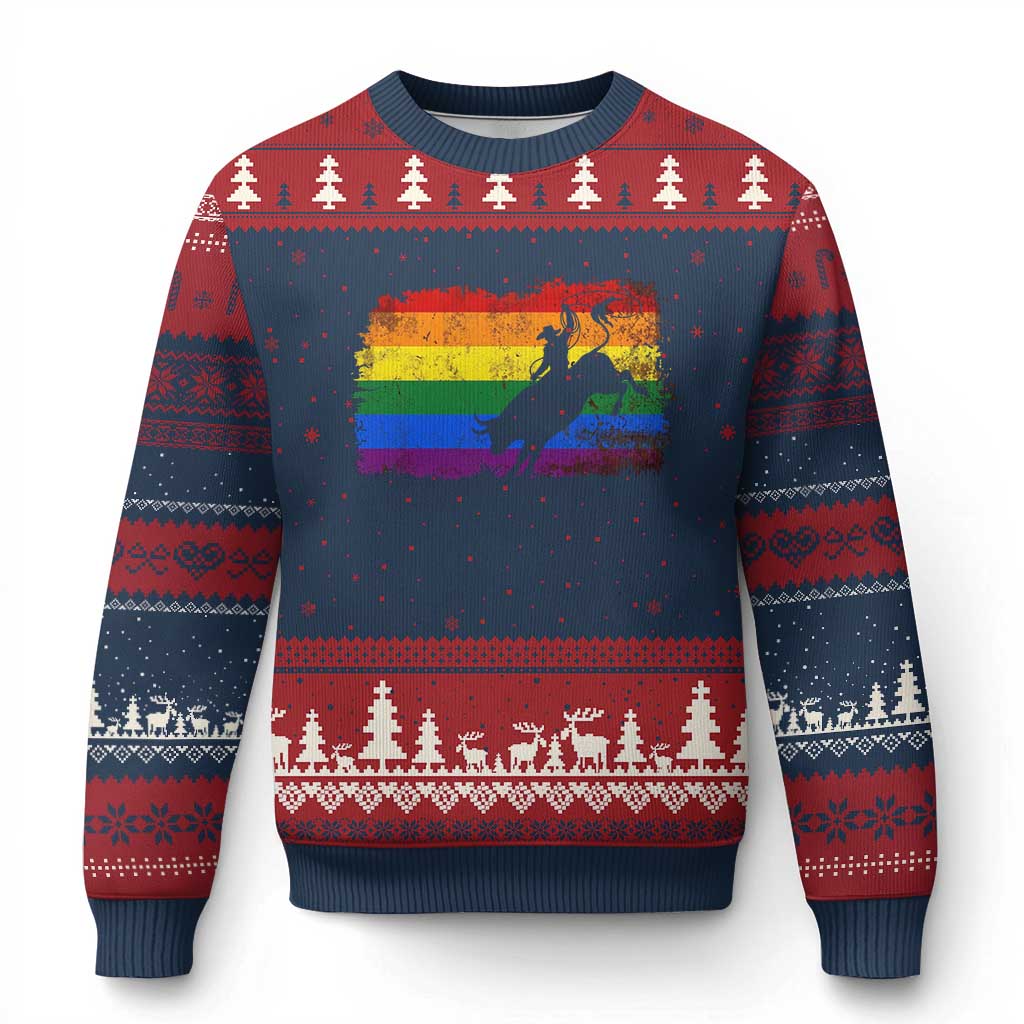 Rodeo Cowboy Bull Rider Western LGBTQ Rainbow Flag Ugly Christmas Sweater