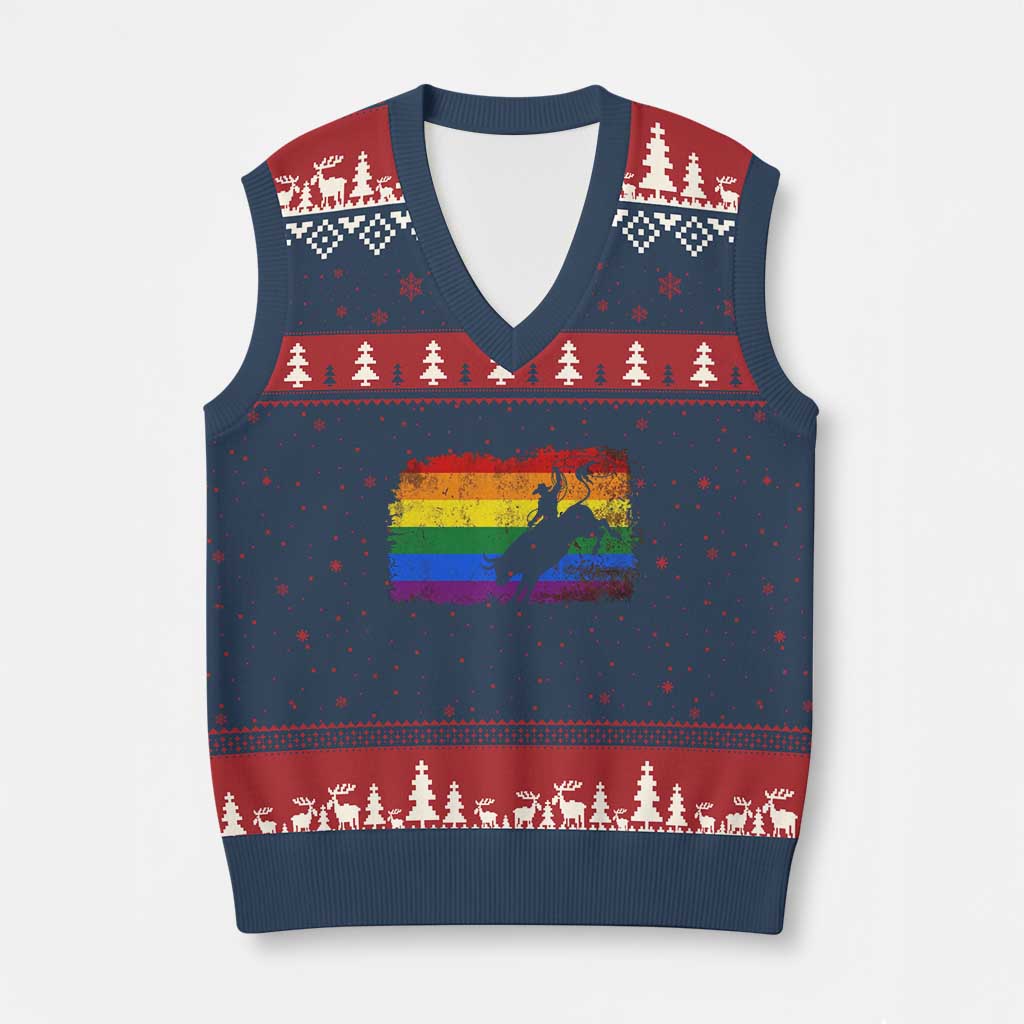 Rodeo Cowboy Bull Rider Western LGBTQ Rainbow Flag V-Neck Knit Sweater Vest