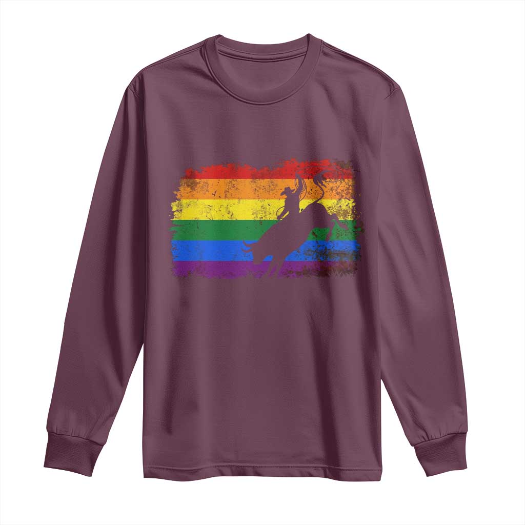 Rodeo Cowboy Bull Rider Western LGBTQ Rainbow Flag Long Sleeve Shirt