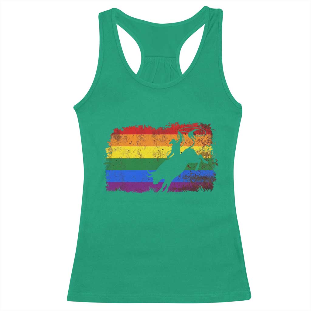 Rodeo Cowboy Bull Rider Western LGBTQ Rainbow Flag Racerback Tank Top