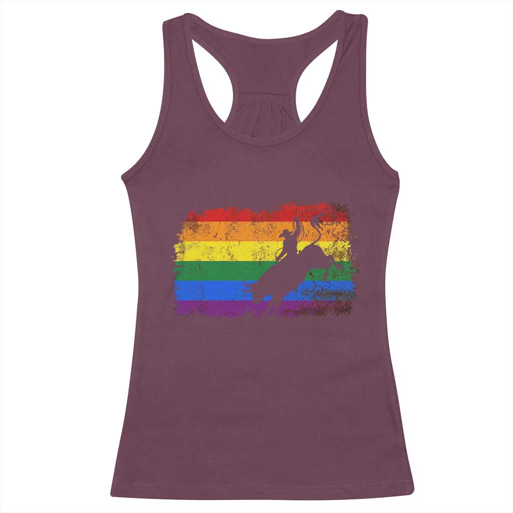 Rodeo Cowboy Bull Rider Western LGBTQ Rainbow Flag Racerback Tank Top