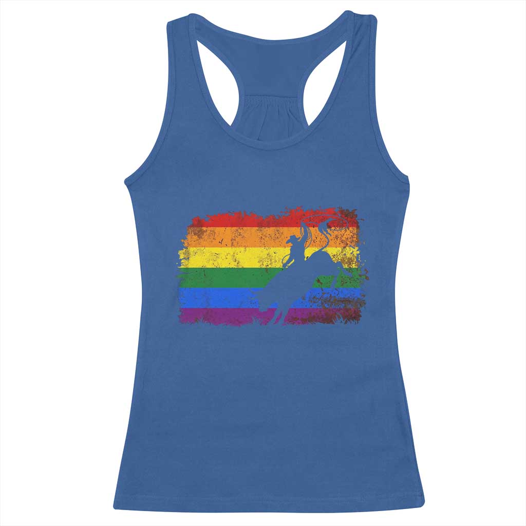 Rodeo Cowboy Bull Rider Western LGBTQ Rainbow Flag Racerback Tank Top