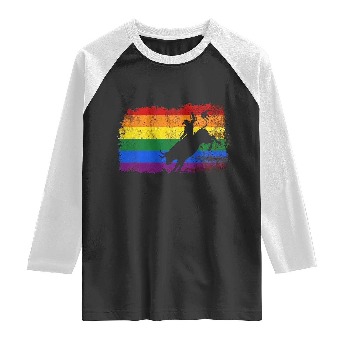 Rodeo Cowboy Bull Rider Western LGBTQ Rainbow Flag Raglan Shirt