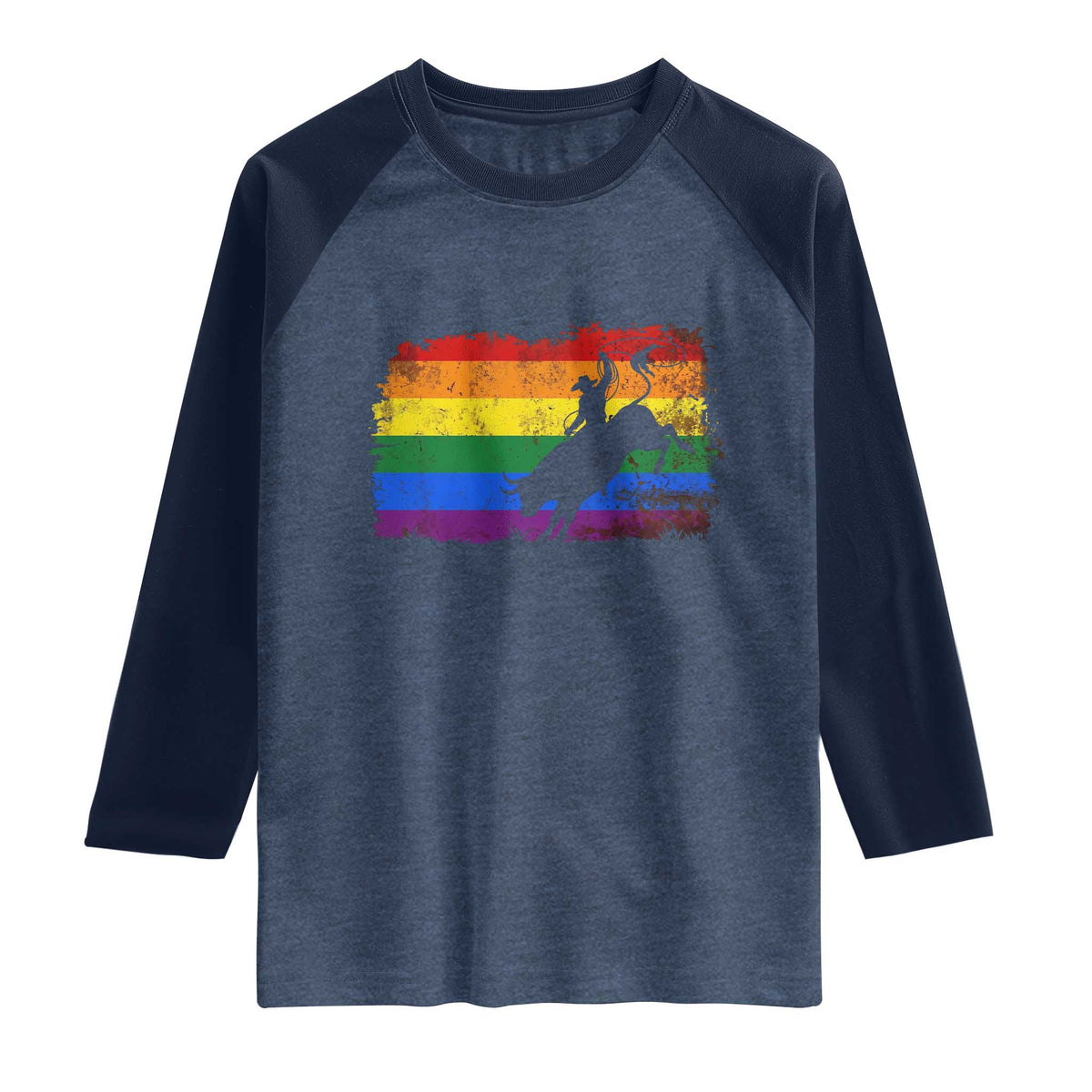 Rodeo Cowboy Bull Rider Western LGBTQ Rainbow Flag Raglan Shirt