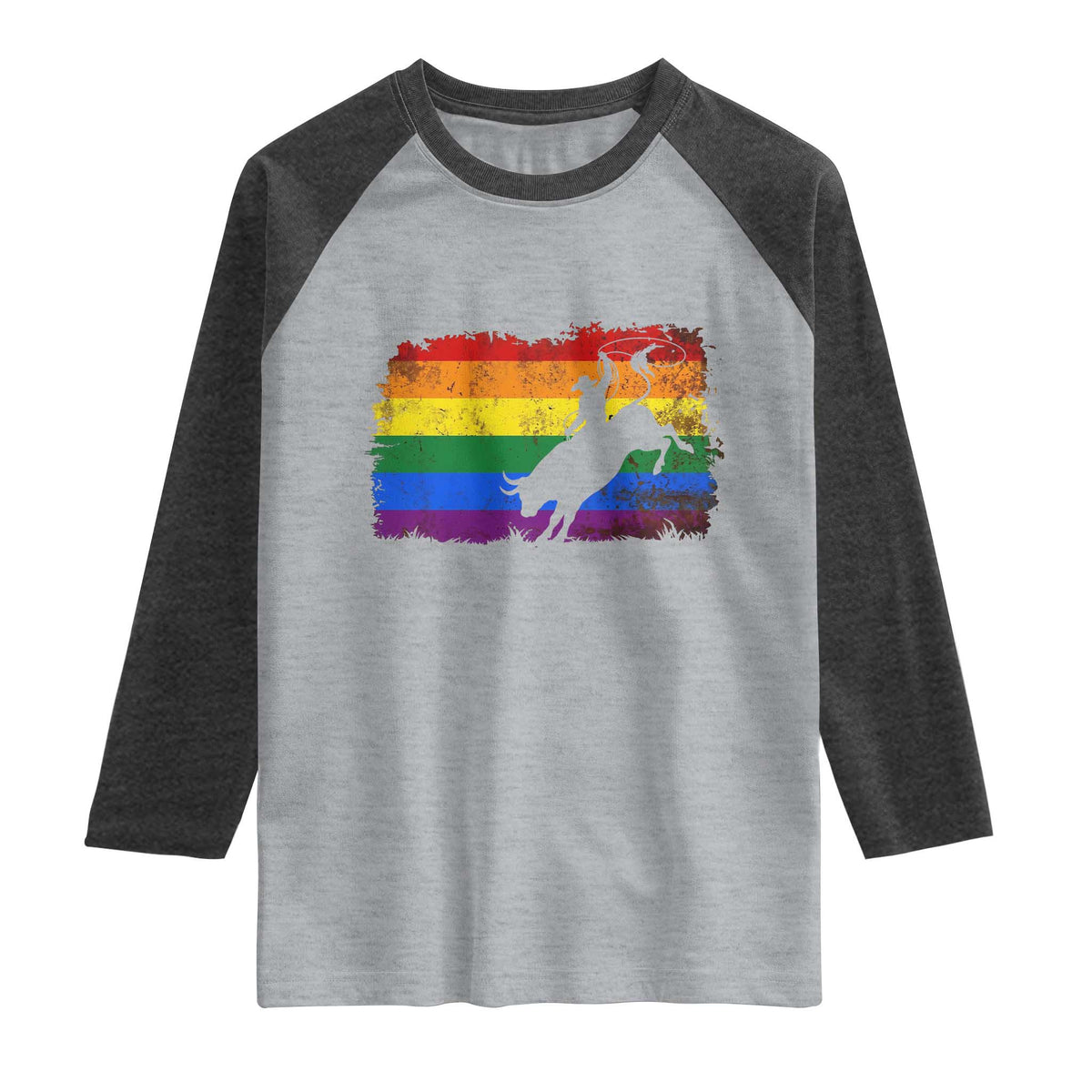 Rodeo Cowboy Bull Rider Western LGBTQ Rainbow Flag Raglan Shirt