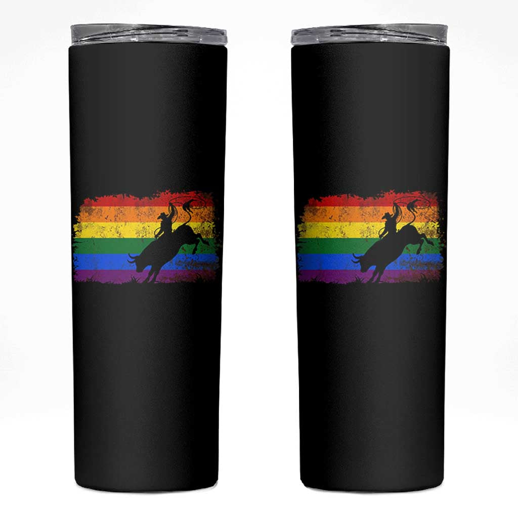 Rodeo Cowboy Bull Rider Western LGBTQ Rainbow Flag Skinny Tumbler