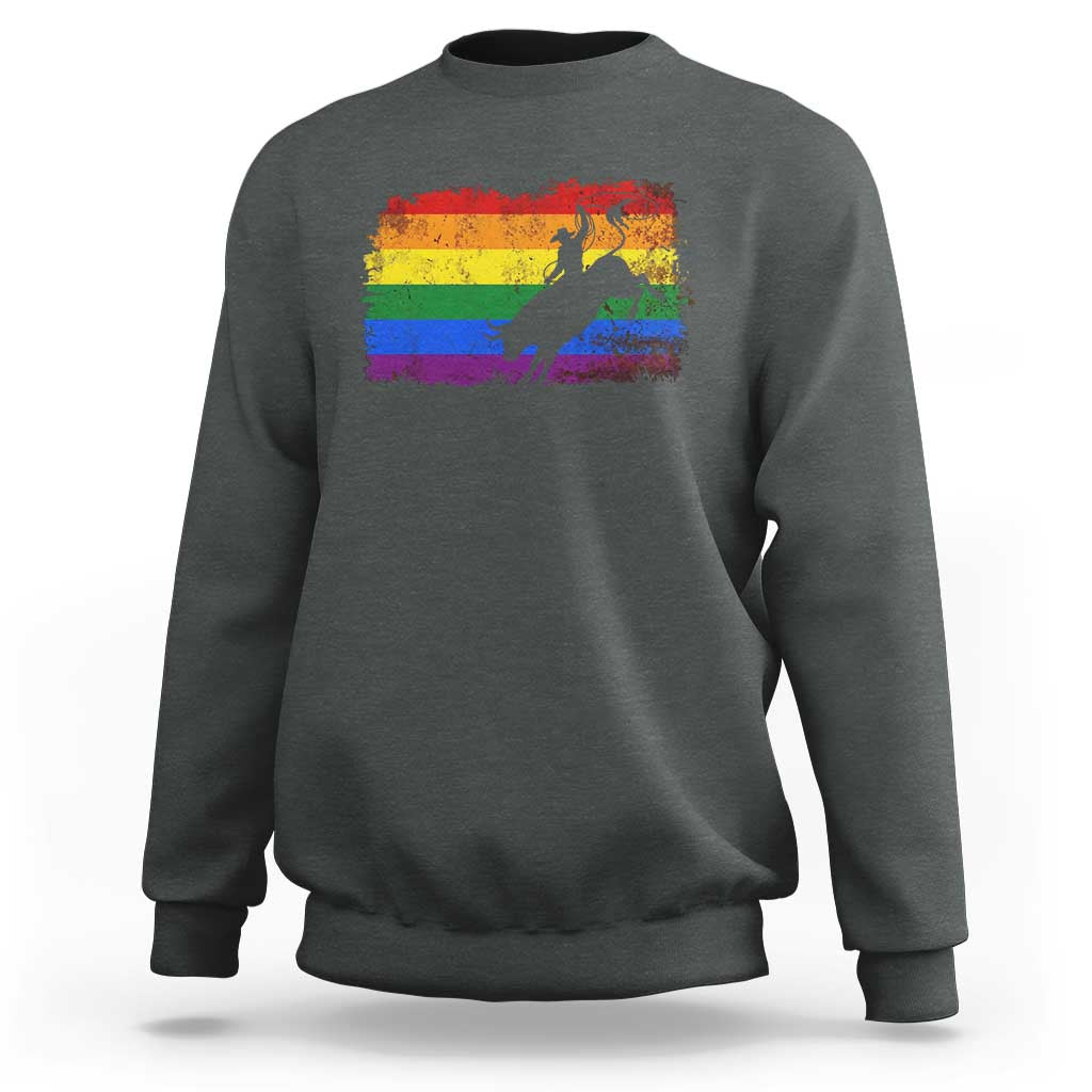 Rodeo Cowboy Bull Rider Western LGBTQ Rainbow Flag Sweatshirt