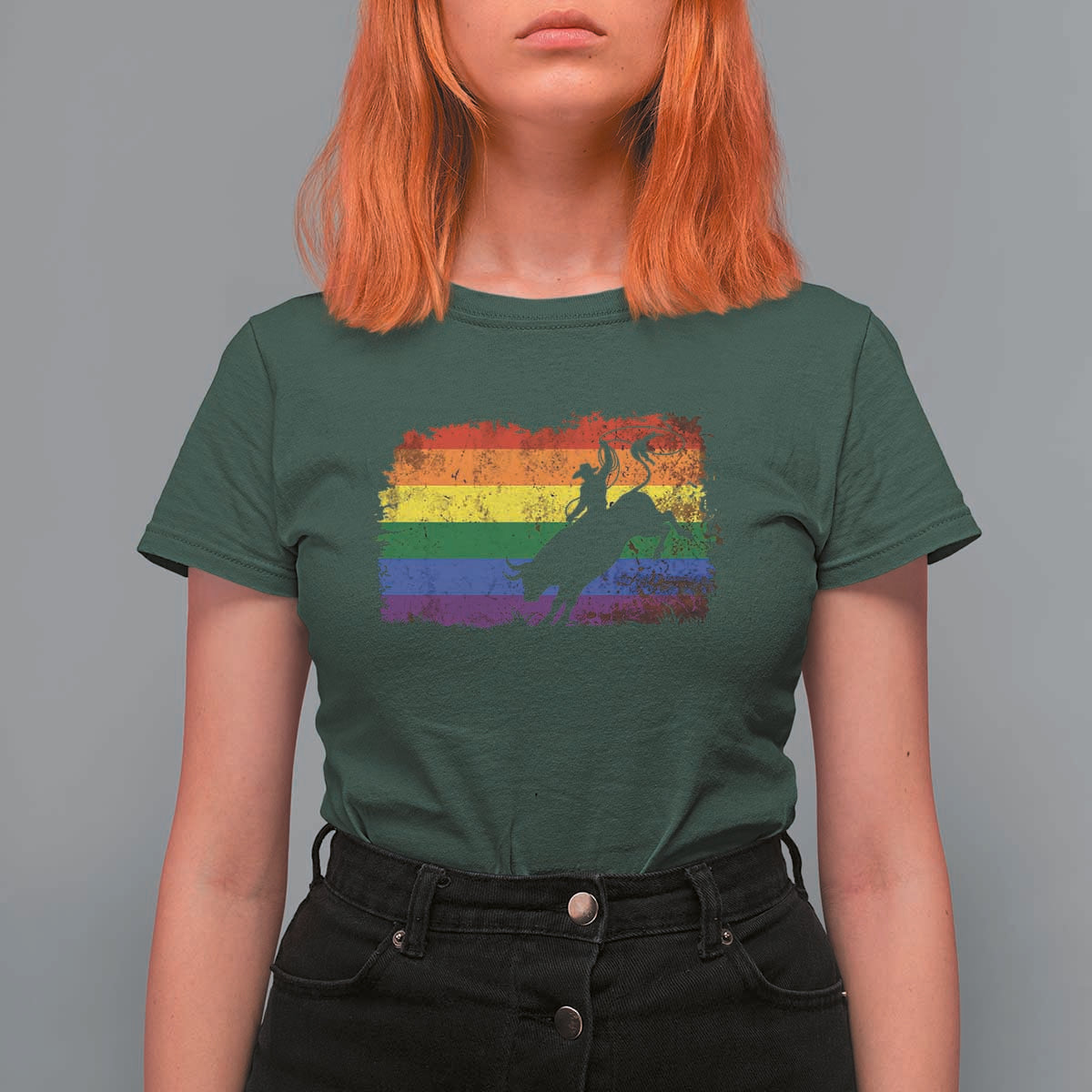 Rodeo Cowboy Bull Rider Western LGBTQ Rainbow Flag T Shirt For Women