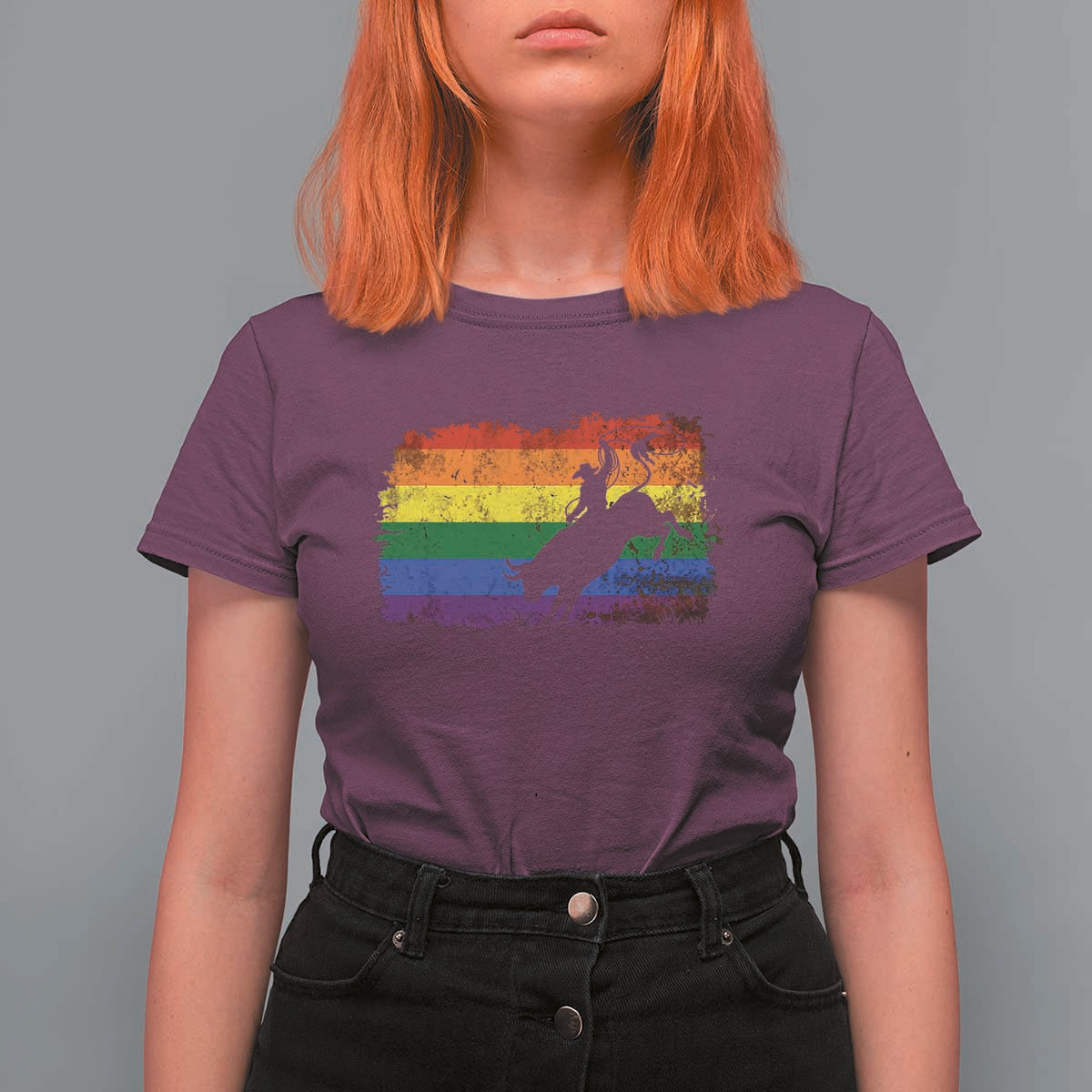Rodeo Cowboy Bull Rider Western LGBTQ Rainbow Flag T Shirt For Women