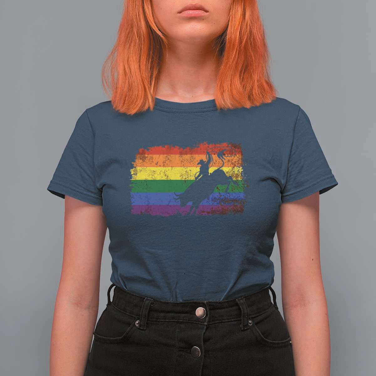 Rodeo Cowboy Bull Rider Western LGBTQ Rainbow Flag T Shirt For Women