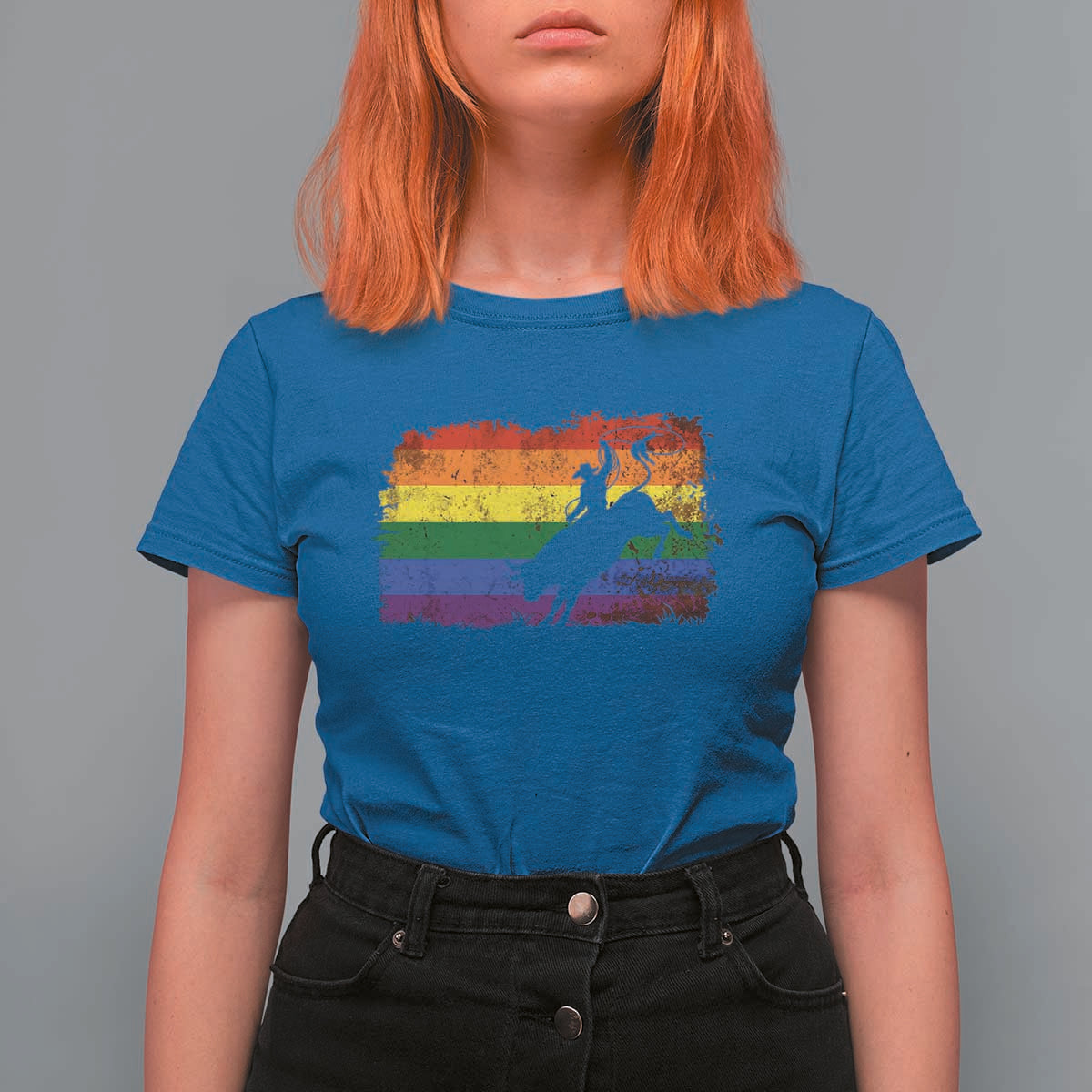 Rodeo Cowboy Bull Rider Western LGBTQ Rainbow Flag T Shirt For Women