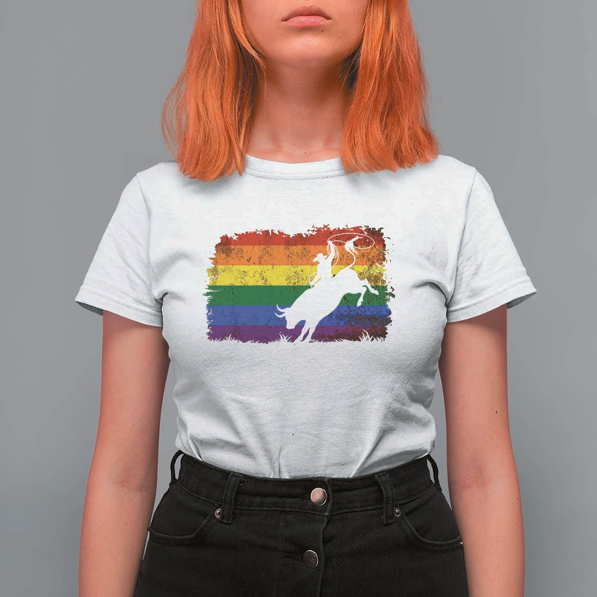 Rodeo Cowboy Bull Rider Western LGBTQ Rainbow Flag T Shirt For Women