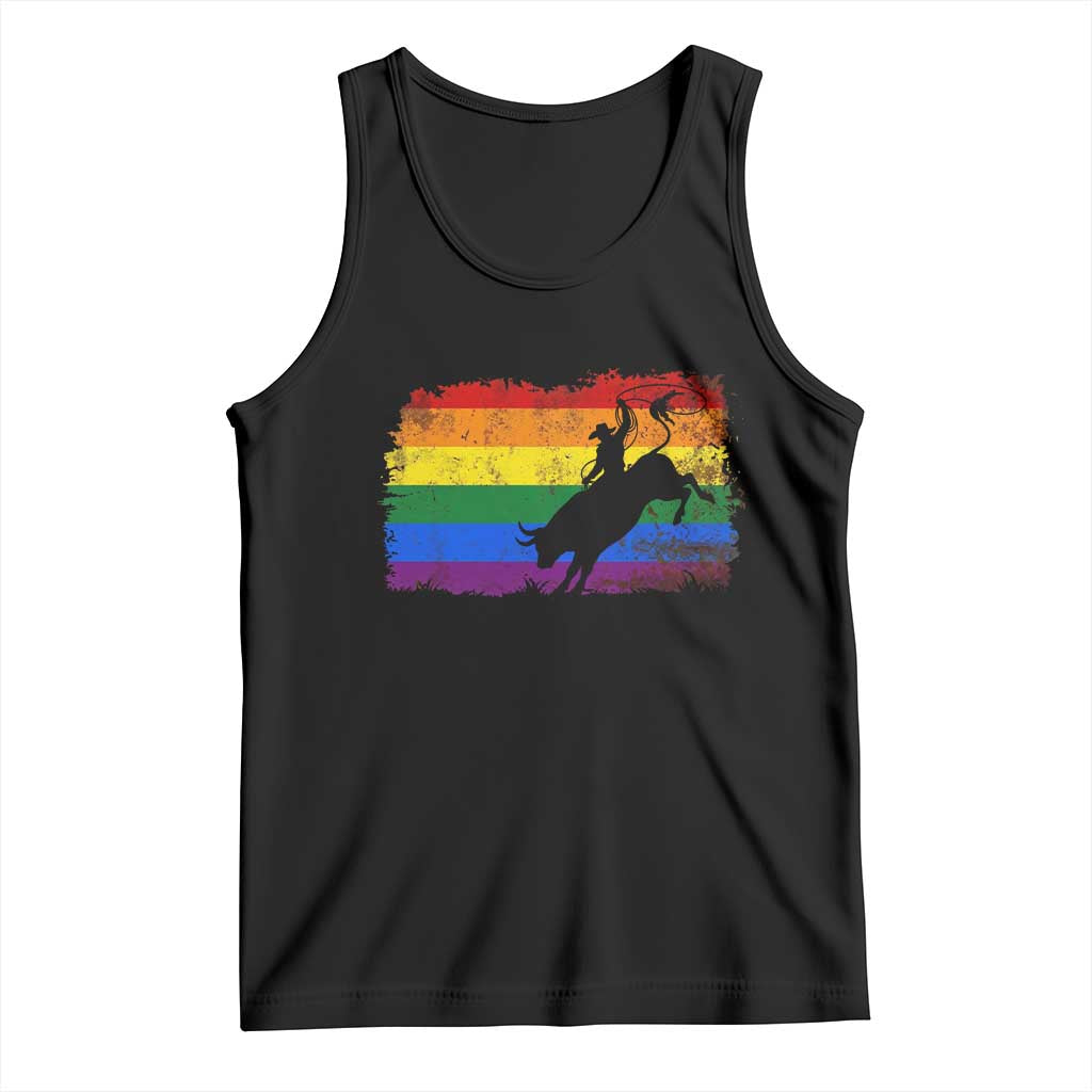 Rodeo Cowboy Bull Rider Western LGBTQ Rainbow Flag Tank Top