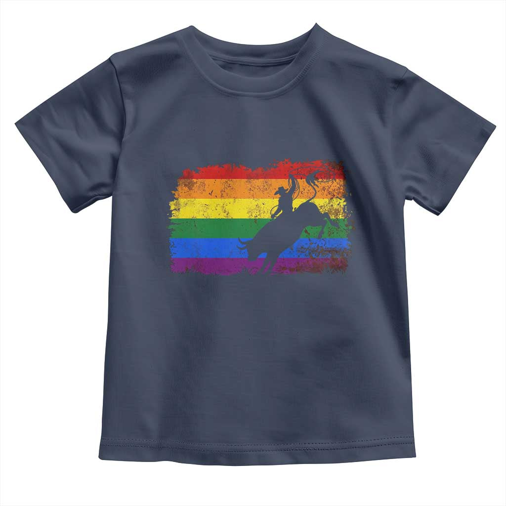 Rodeo Cowboy Bull Rider Western LGBTQ Rainbow Flag Toddler T Shirt