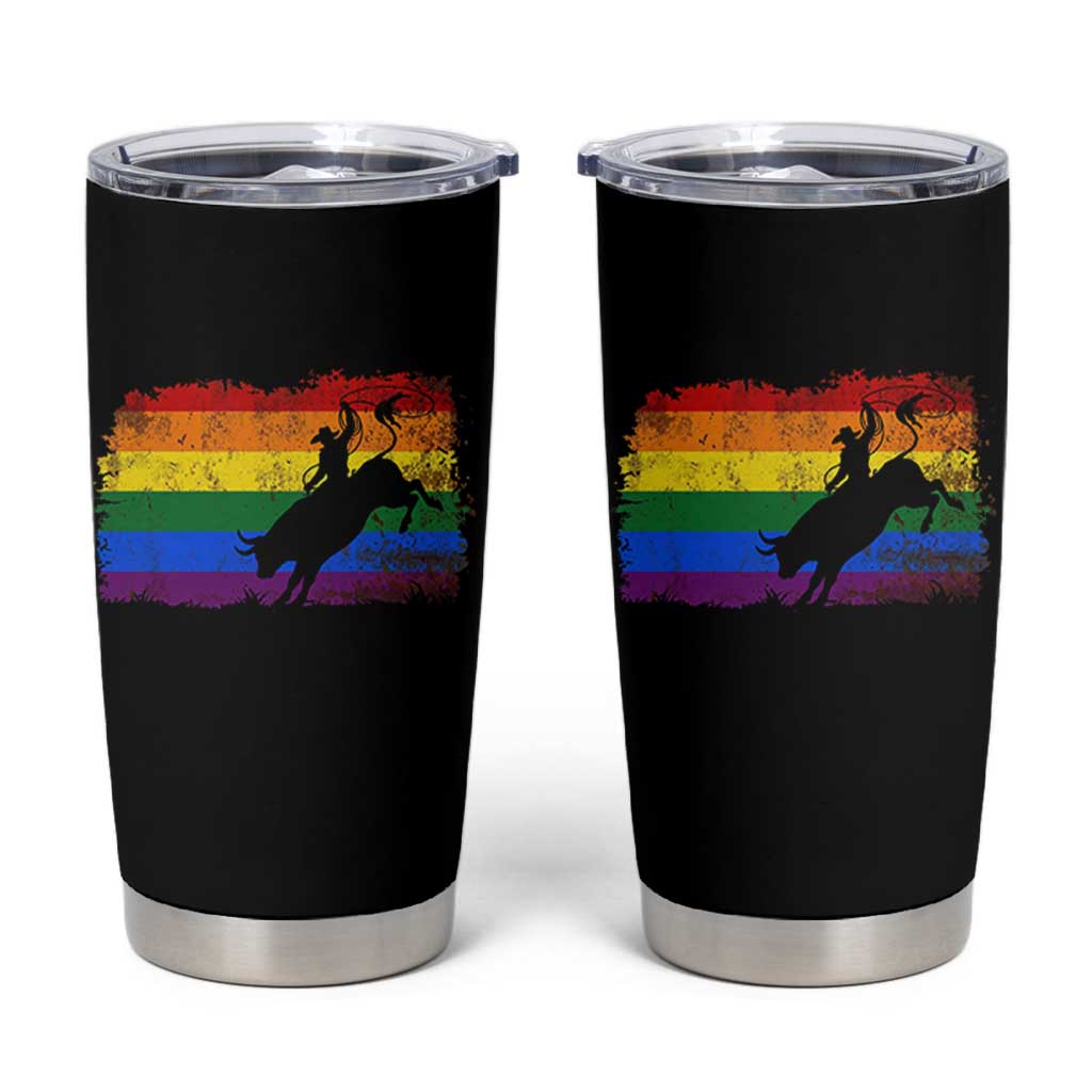 Rodeo Cowboy Bull Rider Western LGBTQ Rainbow Flag Tumbler Cup