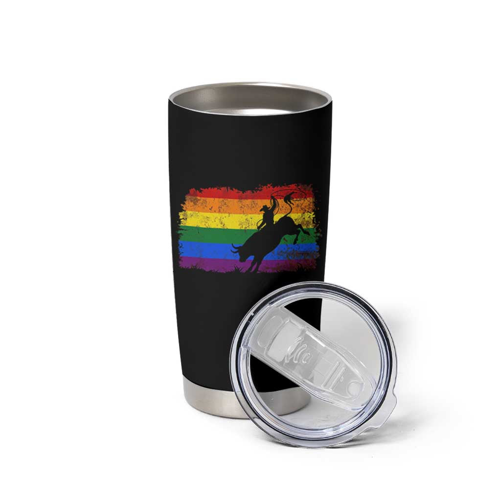 Rodeo Cowboy Bull Rider Western LGBTQ Rainbow Flag Tumbler Cup