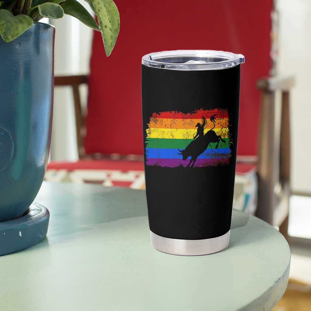 Rodeo Cowboy Bull Rider Western LGBTQ Rainbow Flag Tumbler Cup