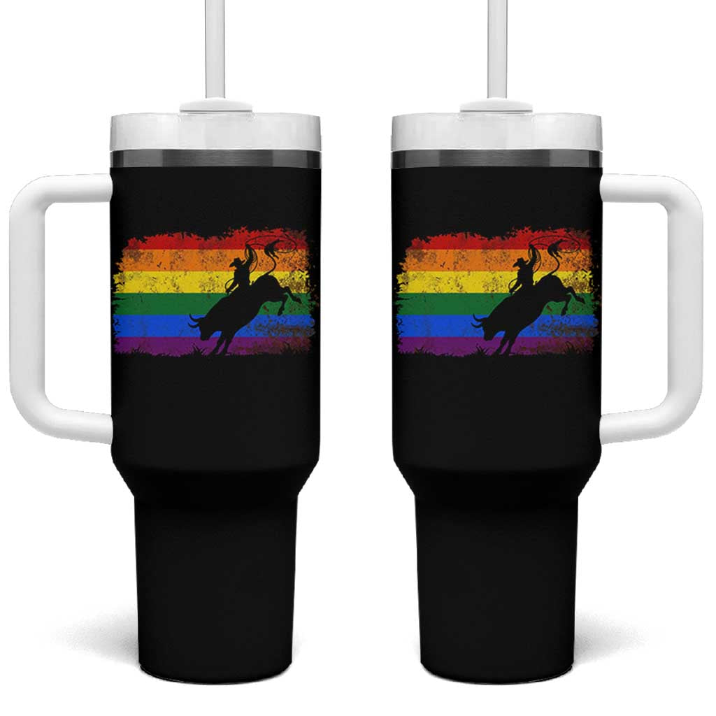 Rodeo Cowboy Bull Rider Western LGBTQ Rainbow Flag Tumbler With Handle