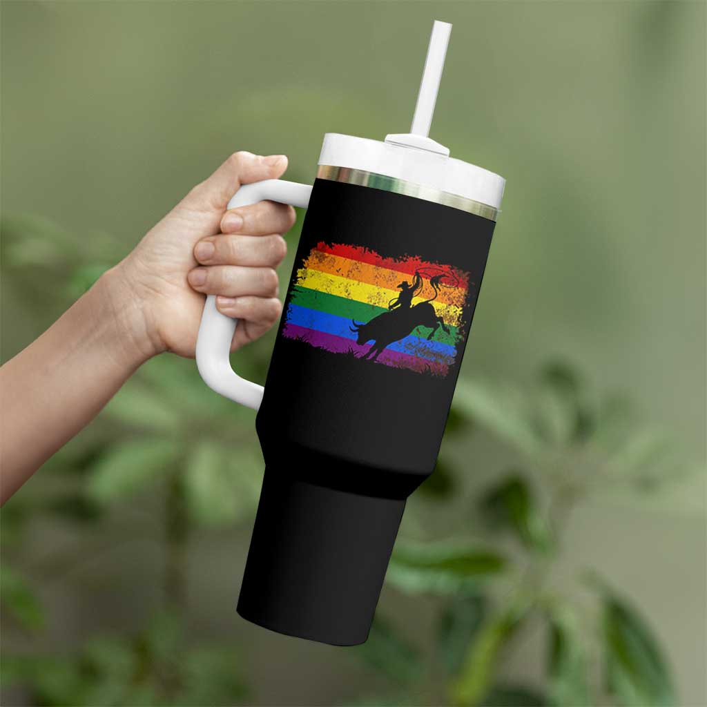 Rodeo Cowboy Bull Rider Western LGBTQ Rainbow Flag Tumbler With Handle