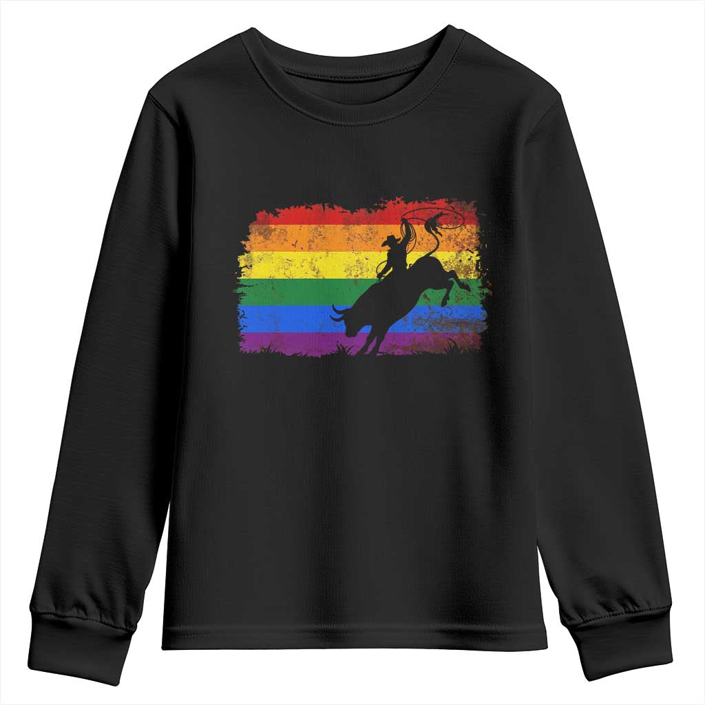 Rodeo Cowboy Bull Rider Western LGBTQ Rainbow Flag Youth Sweatshirt