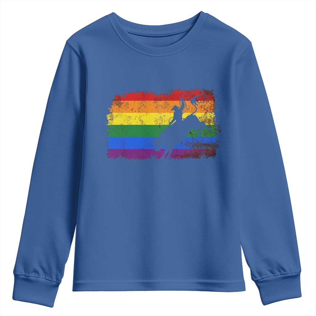 Rodeo Cowboy Bull Rider Western LGBTQ Rainbow Flag Youth Sweatshirt