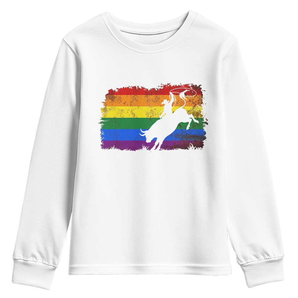 Rodeo Cowboy Bull Rider Western LGBTQ Rainbow Flag Youth Sweatshirt