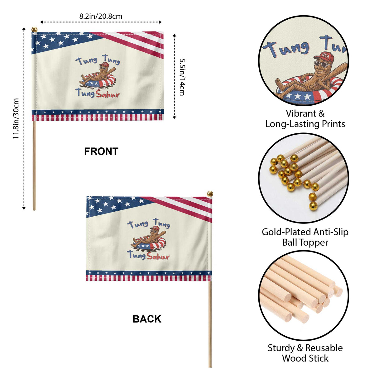 Tung Tung Tung Sahur Italian Brainrot 4th of July Patriotic Handheld Flag