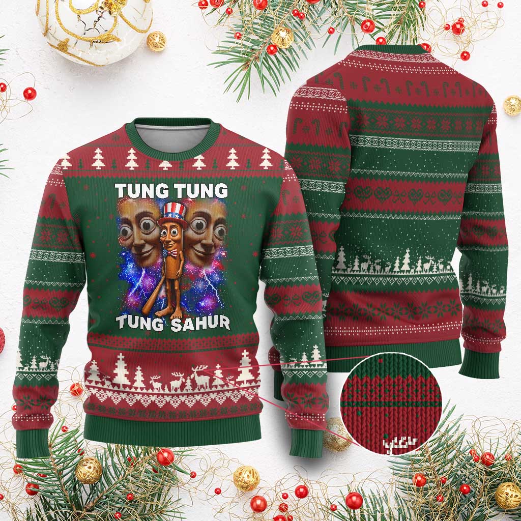 Tung Tung Sahur Italian Brainrot 4th Of July Meme Ugly Christmas Sweater