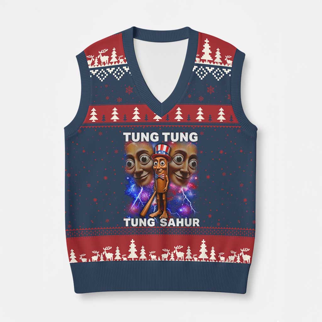 Tung Tung Sahur Italian Brainrot 4th Of July Meme V-Neck Knit Sweater Vest
