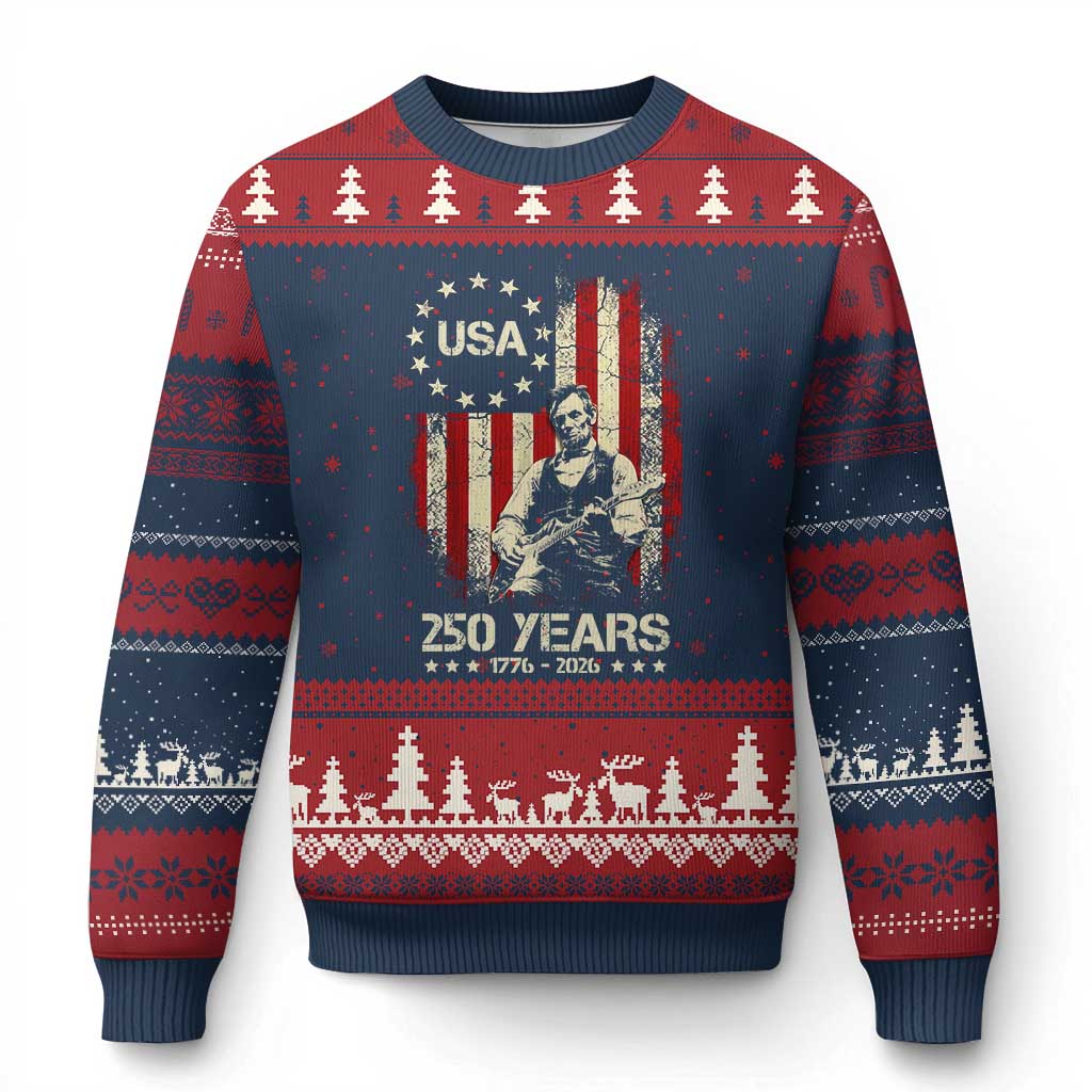 America's 250th Abraham Lincoln Playing Guitar Ugly Christmas Sweater