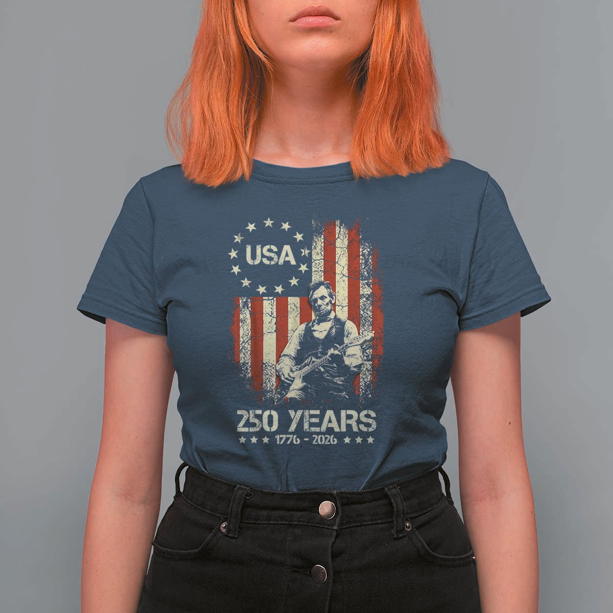 America's 250th Abraham Lincoln Playing Guitar T Shirt For Women