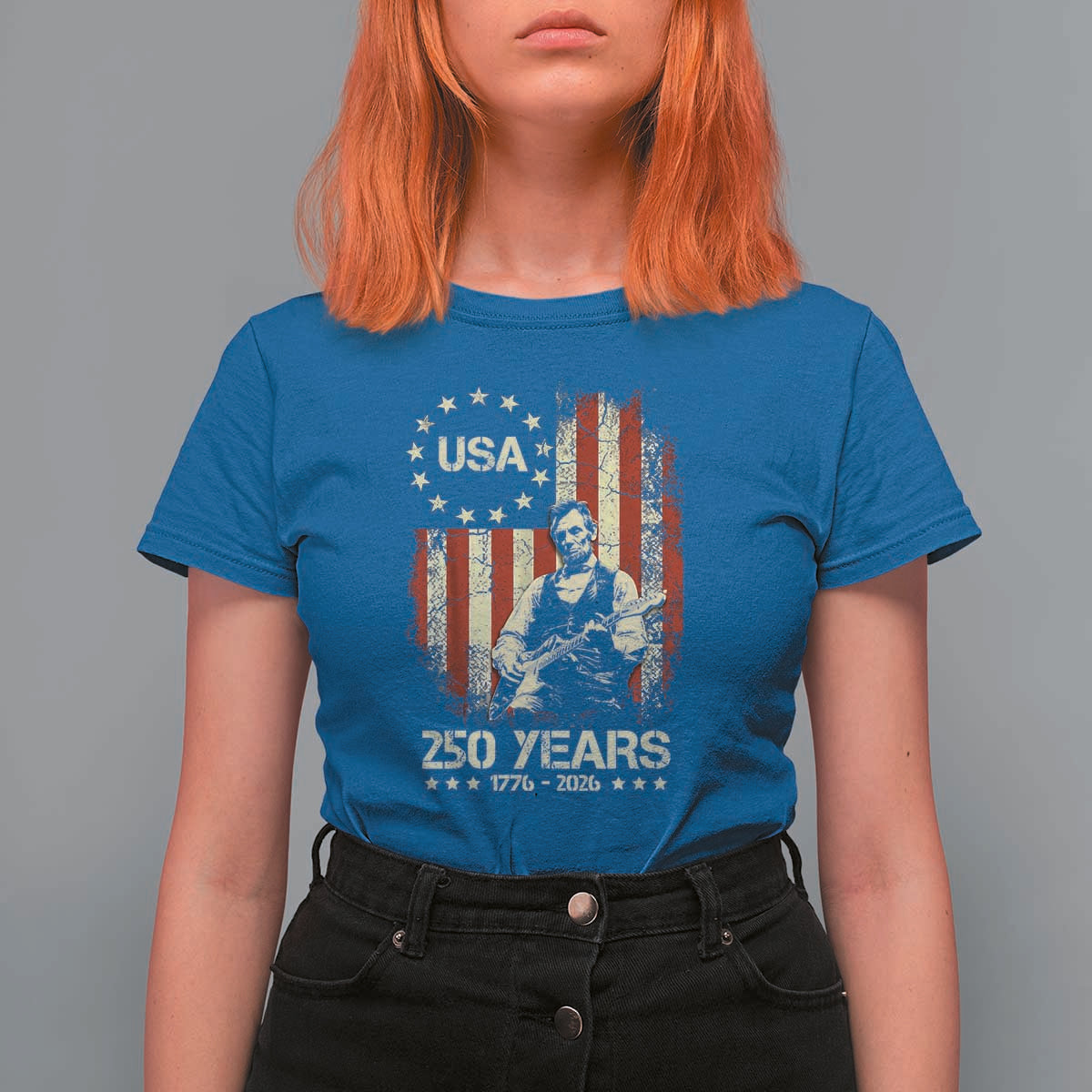 America's 250th Abraham Lincoln Playing Guitar T Shirt For Women