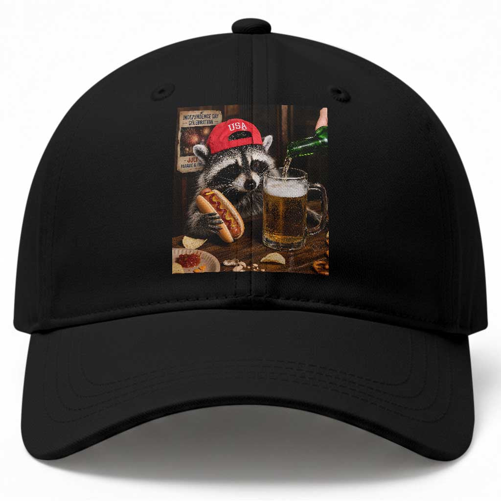 Patriotic USA Raccoon Drinking Beer Baseball Cap 4th of July Meme