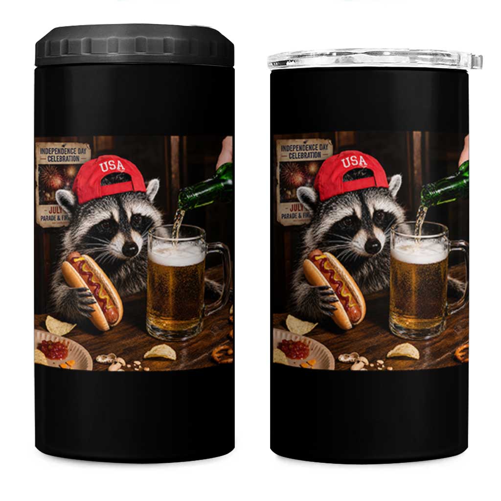 Patriotic USA Raccoon Drinking Beer 4 in 1 Can Cooler Tumbler 4th of July Meme