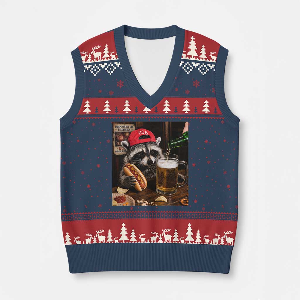 Patriotic USA Raccoon Drinking Beer V-Neck Knit Sweater Vest 4th of July Meme