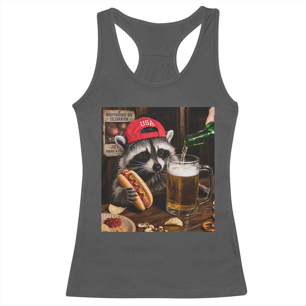 Patriotic USA Raccoon Drinking Beer Racerback Tank Top 4th of July Meme