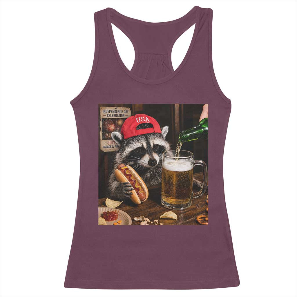 Patriotic USA Raccoon Drinking Beer Racerback Tank Top 4th of July Meme